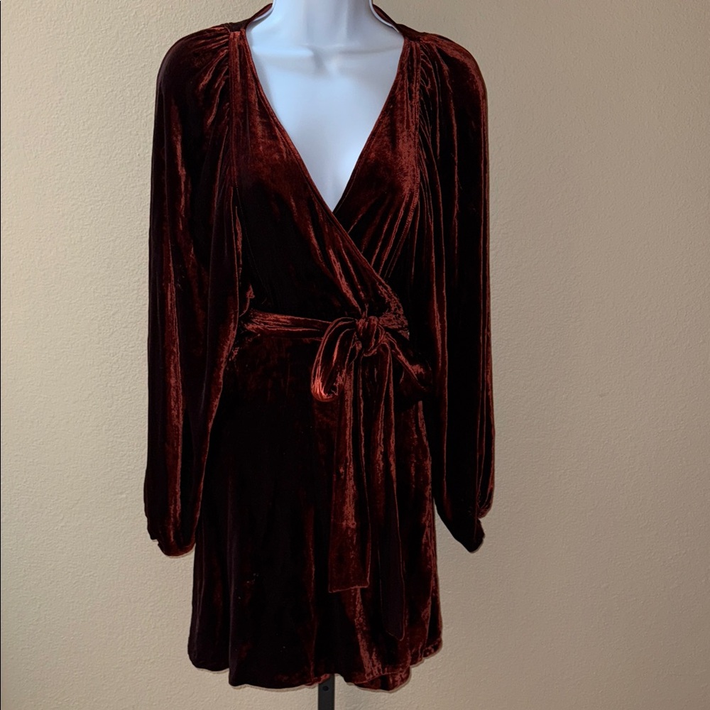 A.L.C. Carlo Cognac Rust Velvet Wrap  Viscose Silk Dress Rich Burgundy Size 0
